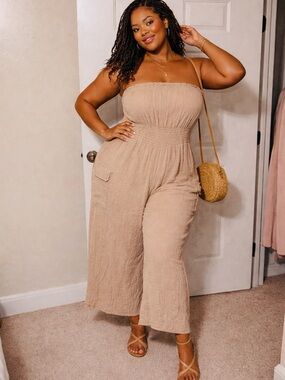 Marshalls Taupe Strapless Smocked Wide-Leg Jumpsuit